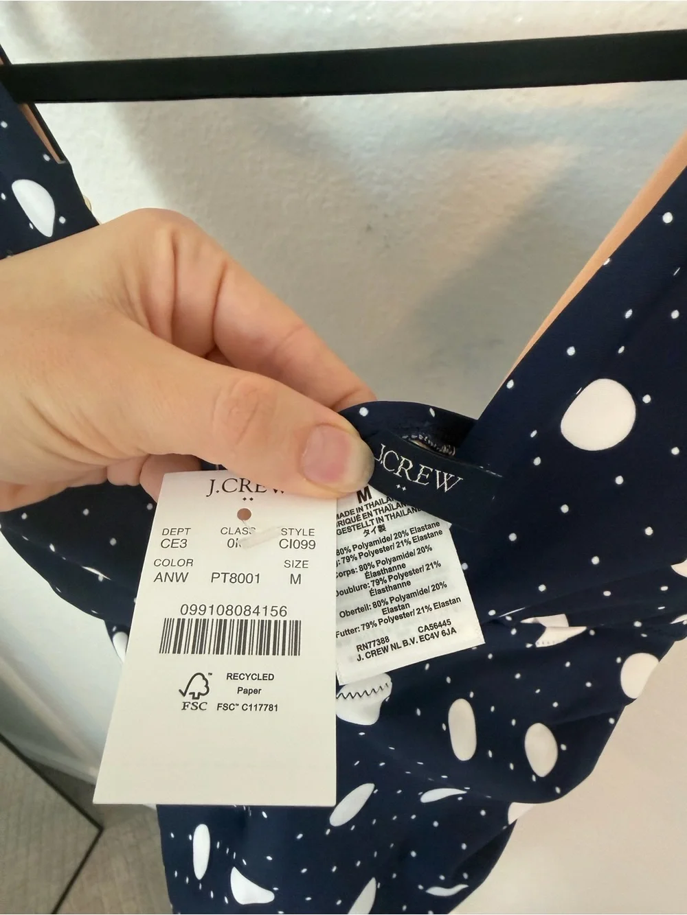 NWT J.Crew Factory Ruched Plunge One-Piece Swimsuit Navy White Polka Dot M